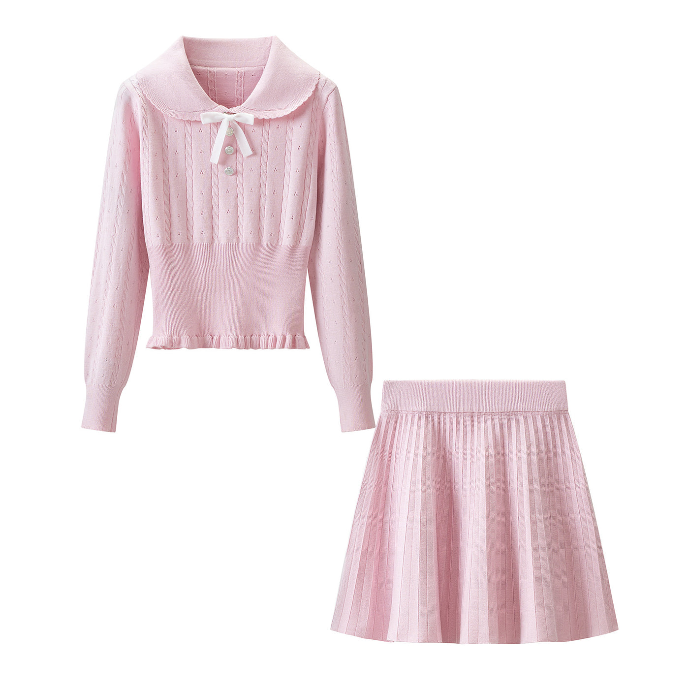 Pink Long Sleeve Knit Sweater Skirt Set for Women Autumn Winter — Vue produit