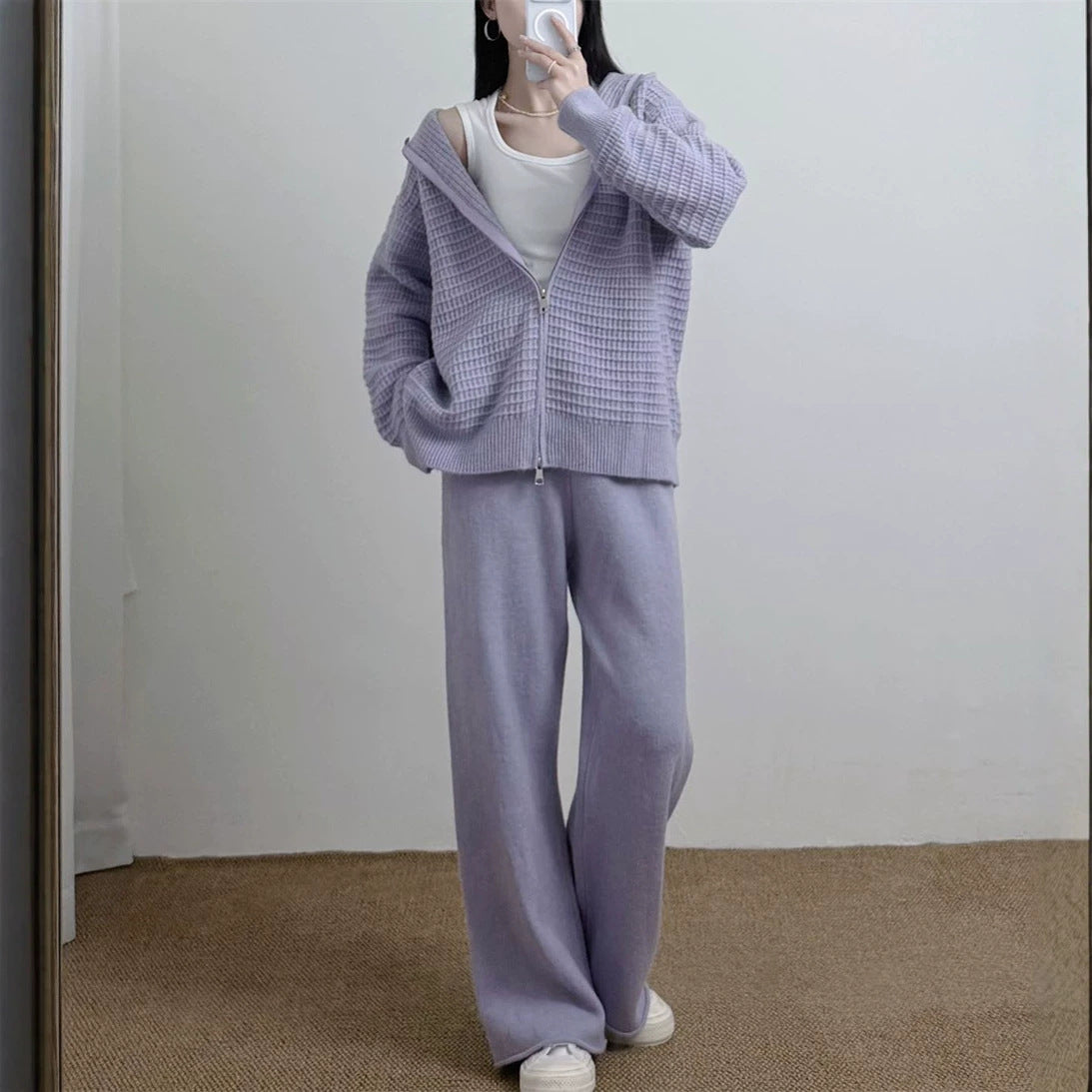 Hooded cardigan sweater loose wide leg pants set