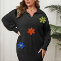 Robe pull grande taille, col polo, broderie florale colorée assemblée – Streetwear manches longues — coloris Black
