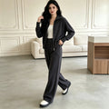Double zipper knitted sweater cardigan wide leg pants two-piece set for women — coloris Dark Gray