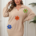 Robe pull grande taille, col polo, broderie florale colorée assemblée – Streetwear manches longues — coloris Khaki