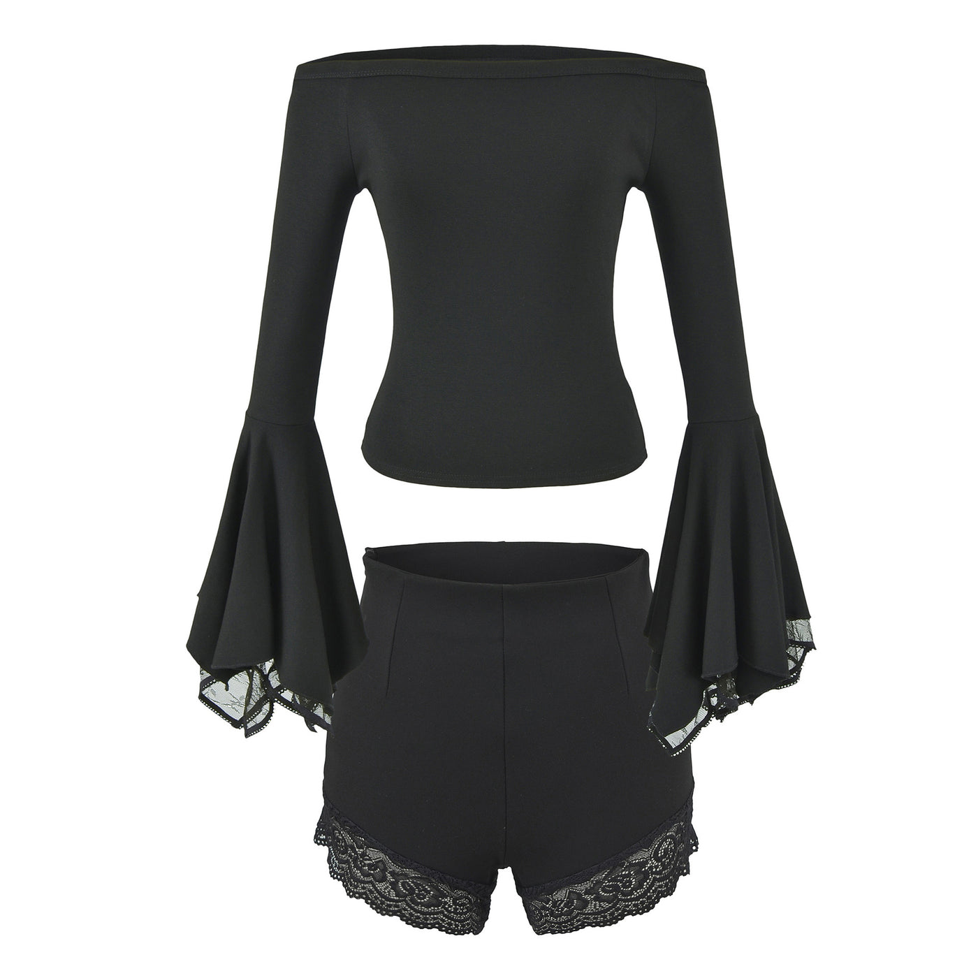 Women's Off Shoulder Flared Sleeve Slim Fit Knit Top Lace Bodycon Shorts Two Piece Set — Détail produit