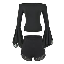 Détail produit — Women's Off Shoulder Flared Sleeve Slim Fit Knit Top Lace Bodycon Shorts Two Piece Set
