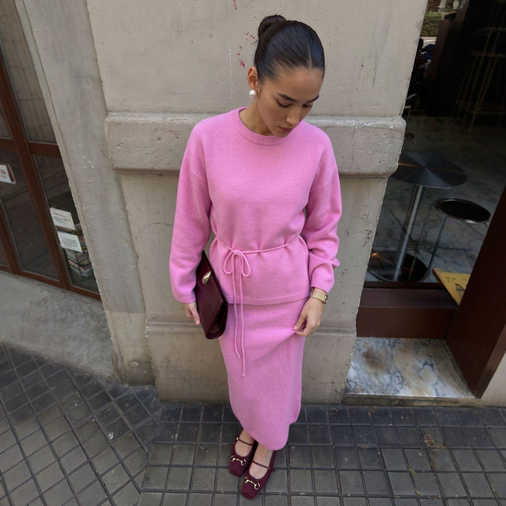 Women's Long Sleeve Loose Knit Sweater Skirt Two-Piece Set Casual Relaxed Fit Front Tie — détail