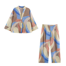 Vue produit — Buckle V-neck printed shirt+pants set for women