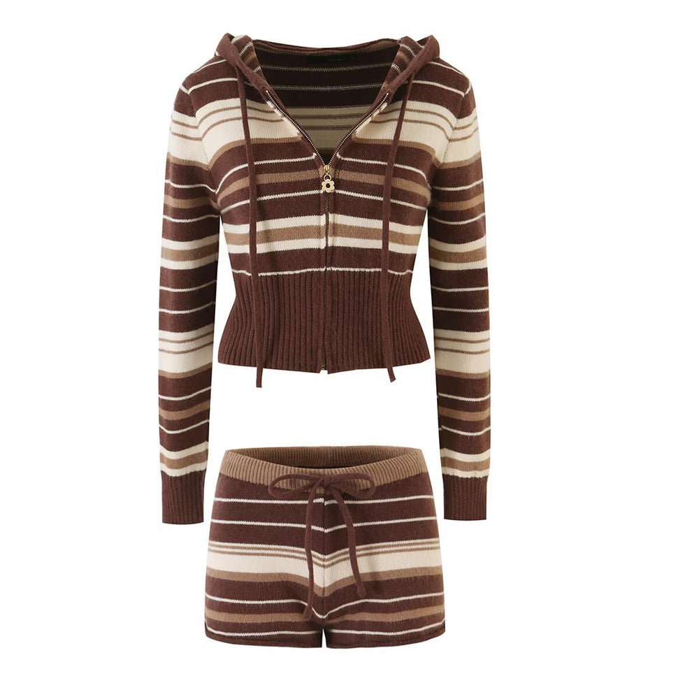 Striped Knit Zip-Up Cardigan & Low Waist Bodycon Shorts Two-Piece Set — détail