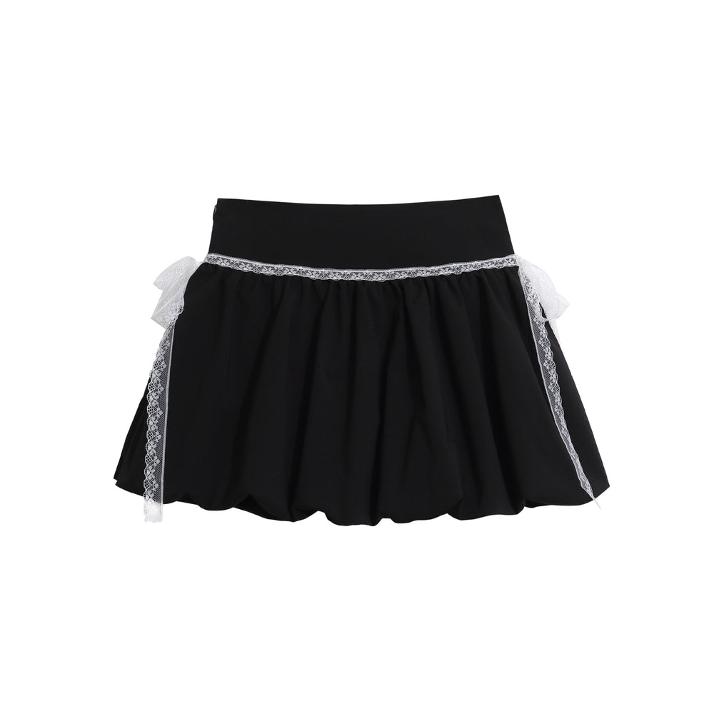 Jupe courte bouffante taille haute en dentelle – Contraste noir et blanc, style floral — détail