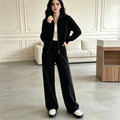 Double zipper knitted sweater cardigan wide leg pants two-piece set for women — coloris Black