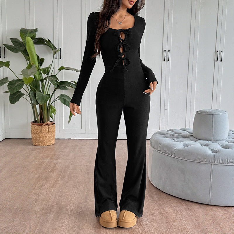 Women's Slim Fit Cut-Out Tie Flare Jumpsuit en situation