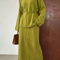 Women's Long Sleeve Loose Knit Sweater Skirt Two-Piece Set Casual Relaxed Fit Front Tie — coloris 26257-Green