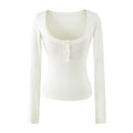 Long Sleeve Crop Henley Top with Halter Neck Built-in Chest Pads — coloris White T-shirt