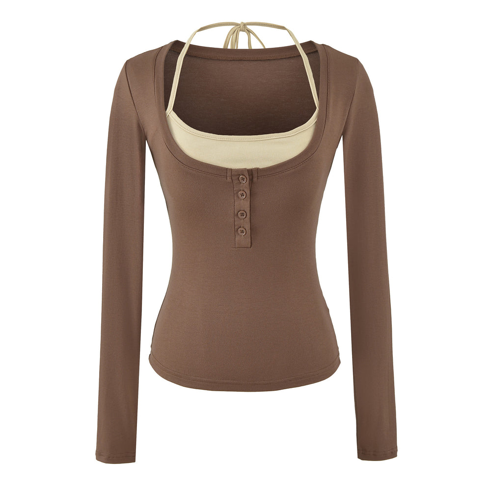 Long Sleeve Crop Henley Top with Halter Neck Built-in Chest Pads — détail