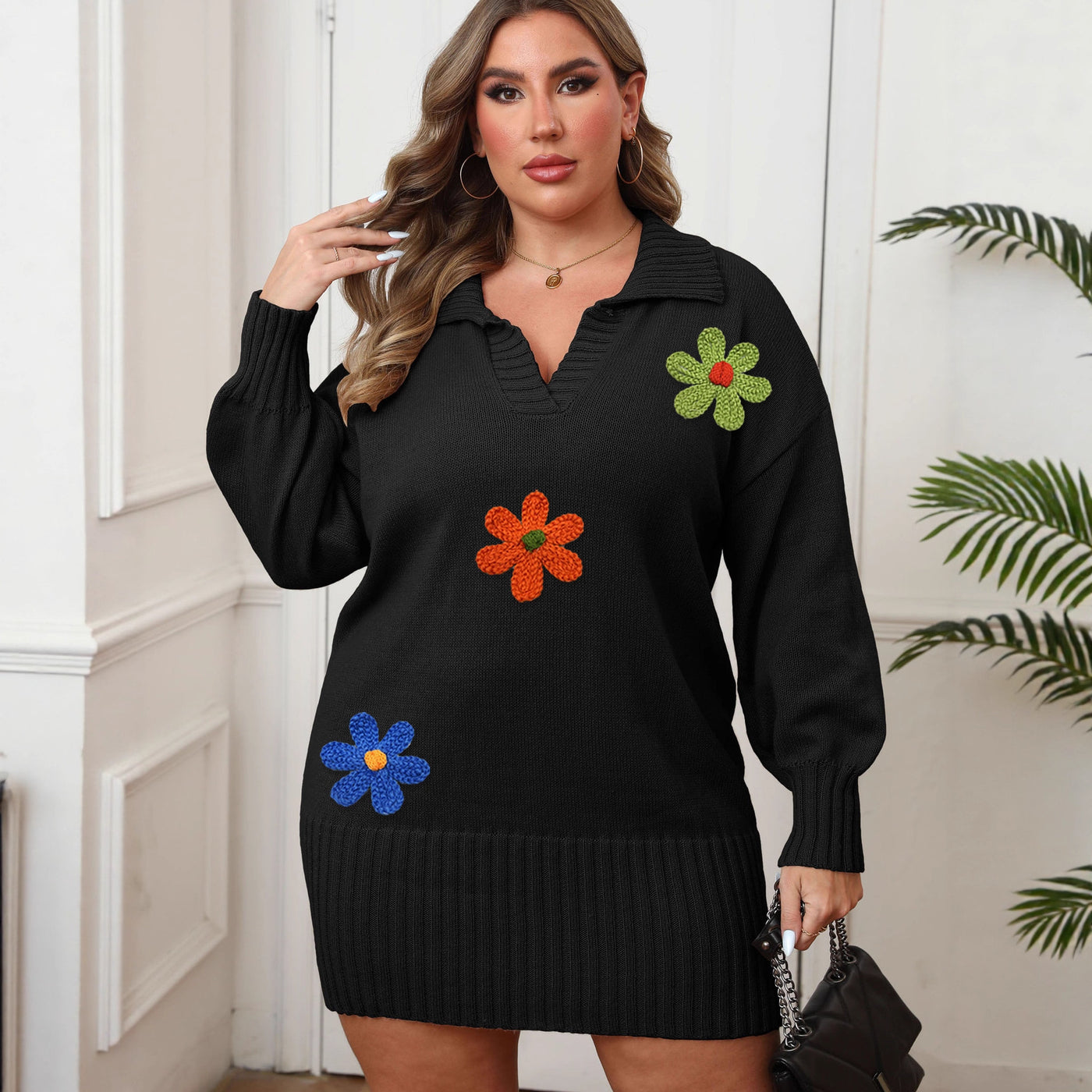 Robe pull grande taille, col polo, broderie florale colorée assemblée – Streetwear manches longues — Détail produit