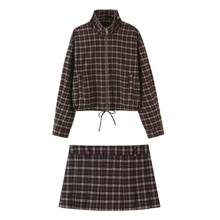 Loose zipper plaid jacket+skirt pants set for women