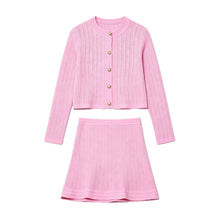 Détail produit — Button up round neck knitted sweater jacket+half skirt set for women