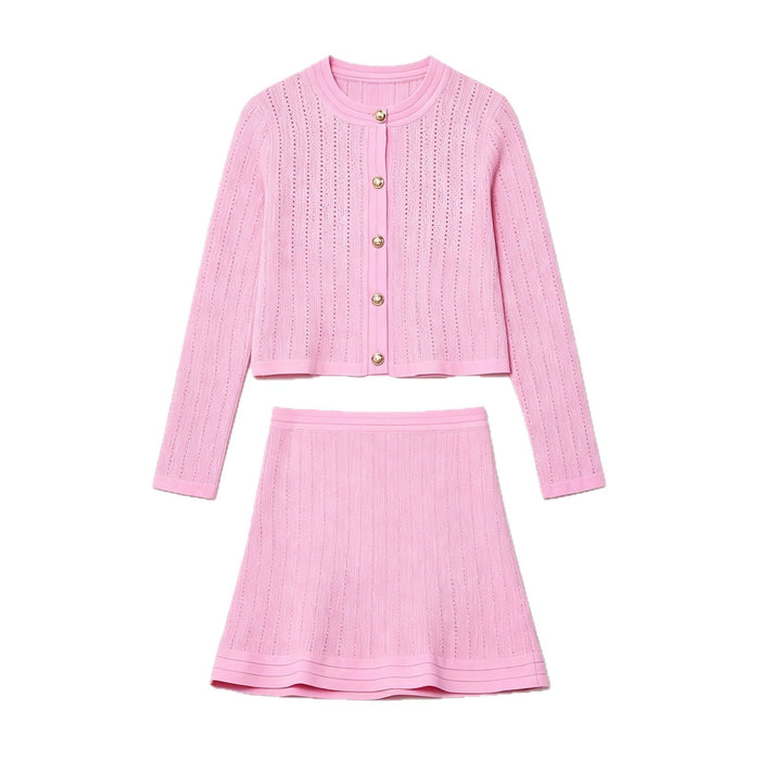 Button up round neck knitted sweater jacket+half skirt set for women