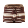 Striped Knit Zip-Up Cardigan & Low Waist Bodycon Shorts Two-Piece Set — coloris Brown Shorts