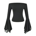 Women's Off Shoulder Flared Sleeve Slim Fit Knit Top Lace Bodycon Shorts Two Piece Set — coloris Black T-shirt