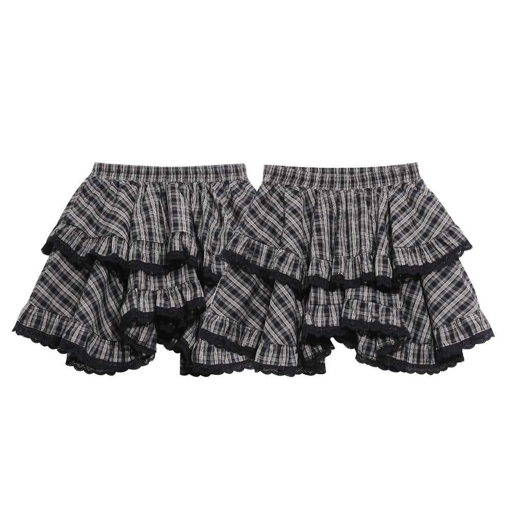 Heavy Black Lace Patchwork Plaid Skirt, Layered Ruffle Versatile Mini Skirt — autre détail