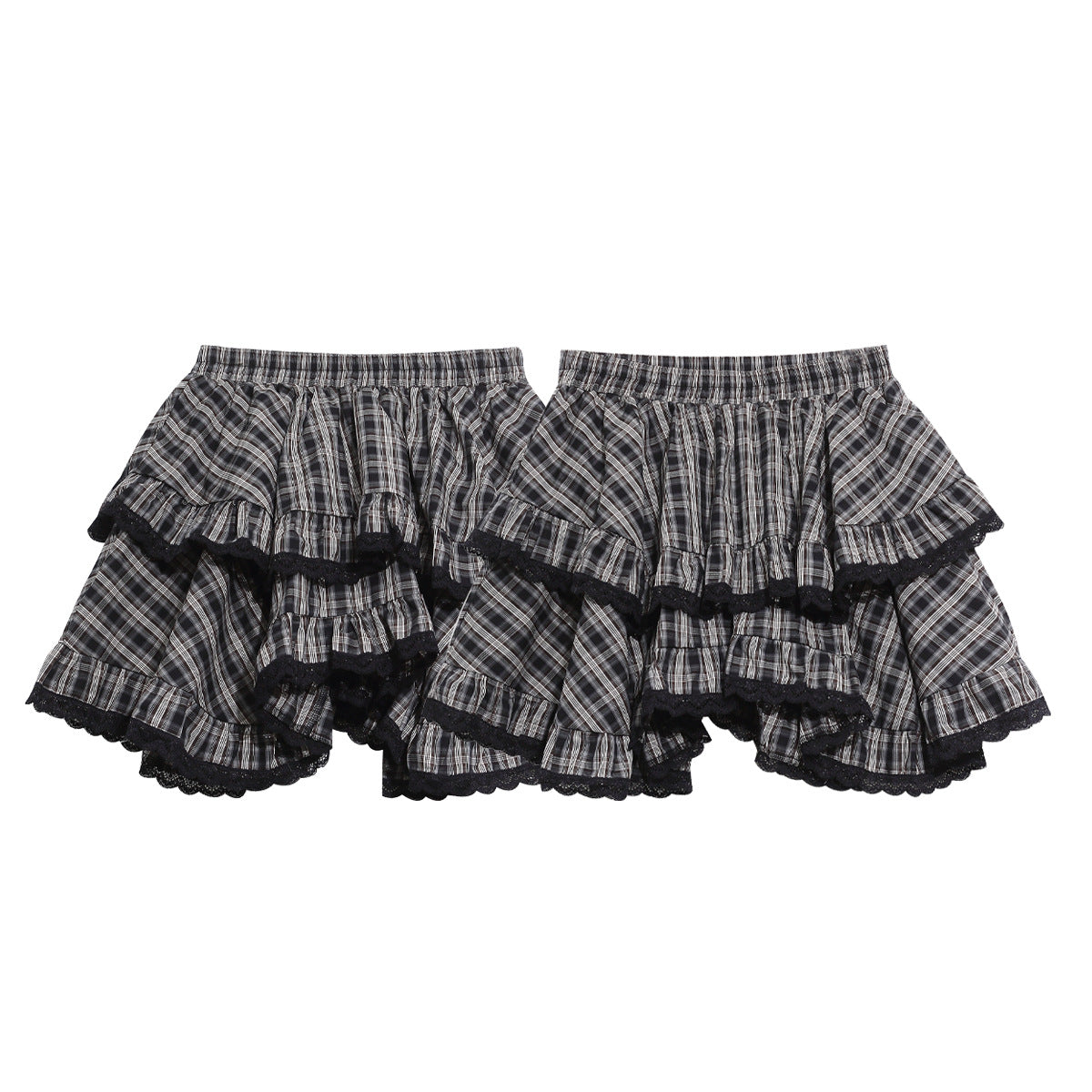 Heavy Black Lace Patchwork Plaid Skirt, Layered Ruffle Versatile Mini Skirt