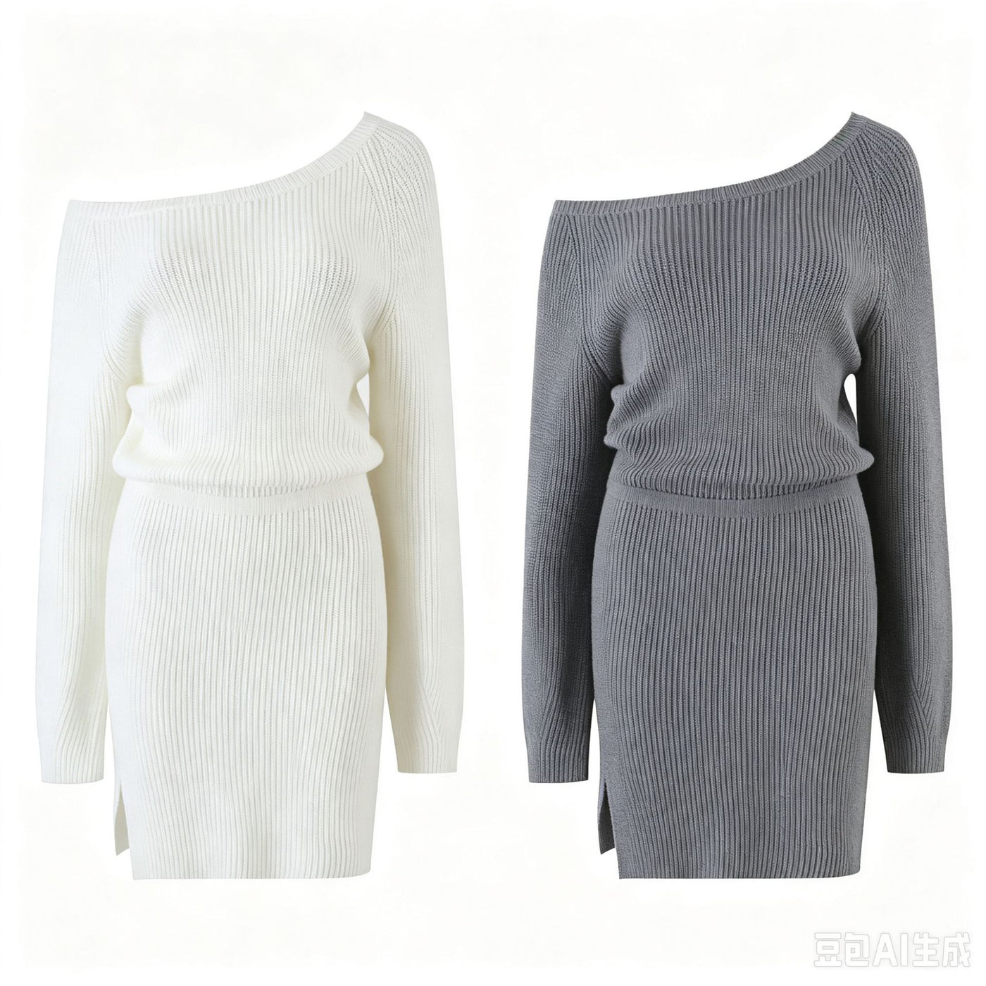 Robe en maille tricotée slim fit épaules dénudées, taille cinée et fente – Style casual chic — Détail produit