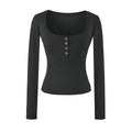 Long Sleeve Crop Henley Top with Halter Neck Built-in Chest Pads — coloris Black T-shirt
