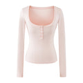 Long Sleeve Crop Henley Top with Halter Neck Built-in Chest Pads — coloris Pink T-shirt