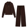 Zipper large collar knitted sweater+pants set for women — coloris Coffee