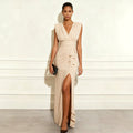 Solid color V-neck sleeveless slit dress — coloris Khaki