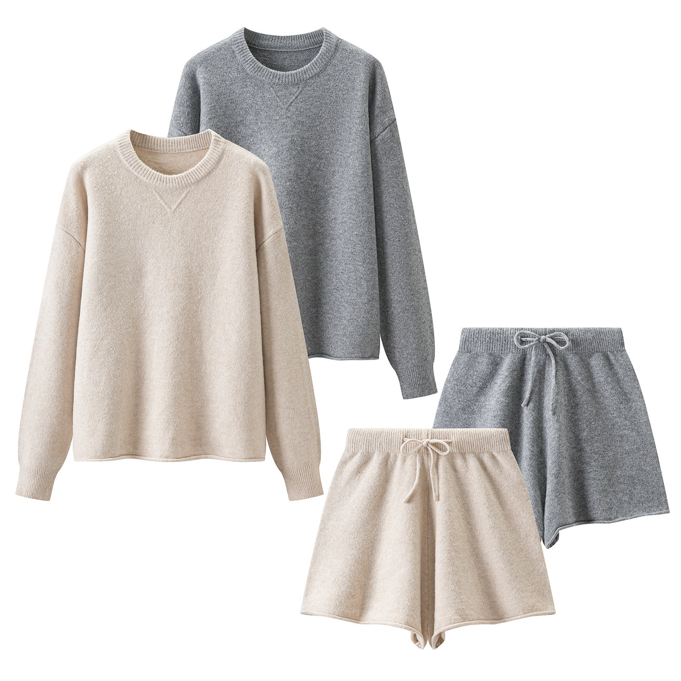 Solid Color Round Neck Relaxed Fit Knit Top and Shorts Set for Women — Détail produit