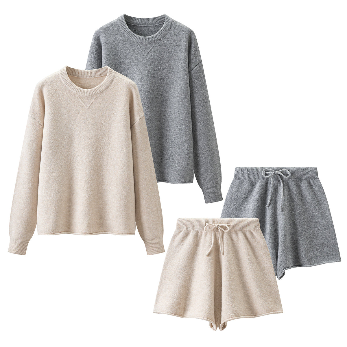 Solid Color Round Neck Relaxed Fit Knit Top and Shorts Set for Women en situation