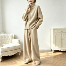 Vue produit — Solid color stand up collar sweater wide leg pants two-piece set for women