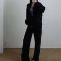 Hooded cardigan sweater loose wide leg pants set — coloris Black