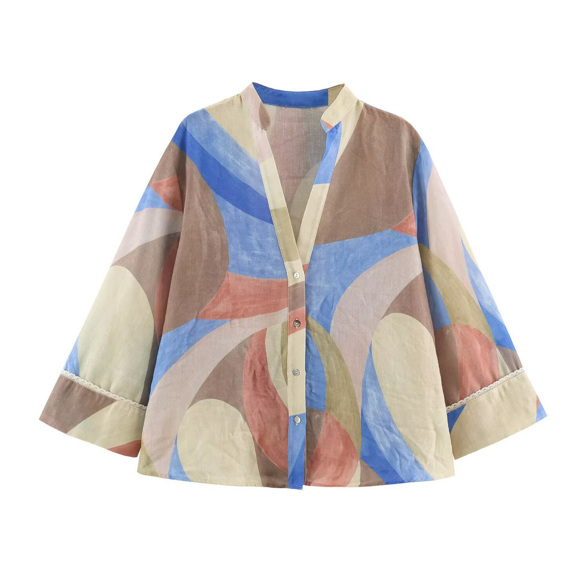 Buckle V-neck printed shirt+pants set for women en situation