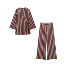 Vue produit — Deep V-neck double breasted striped jacket+pants set for women