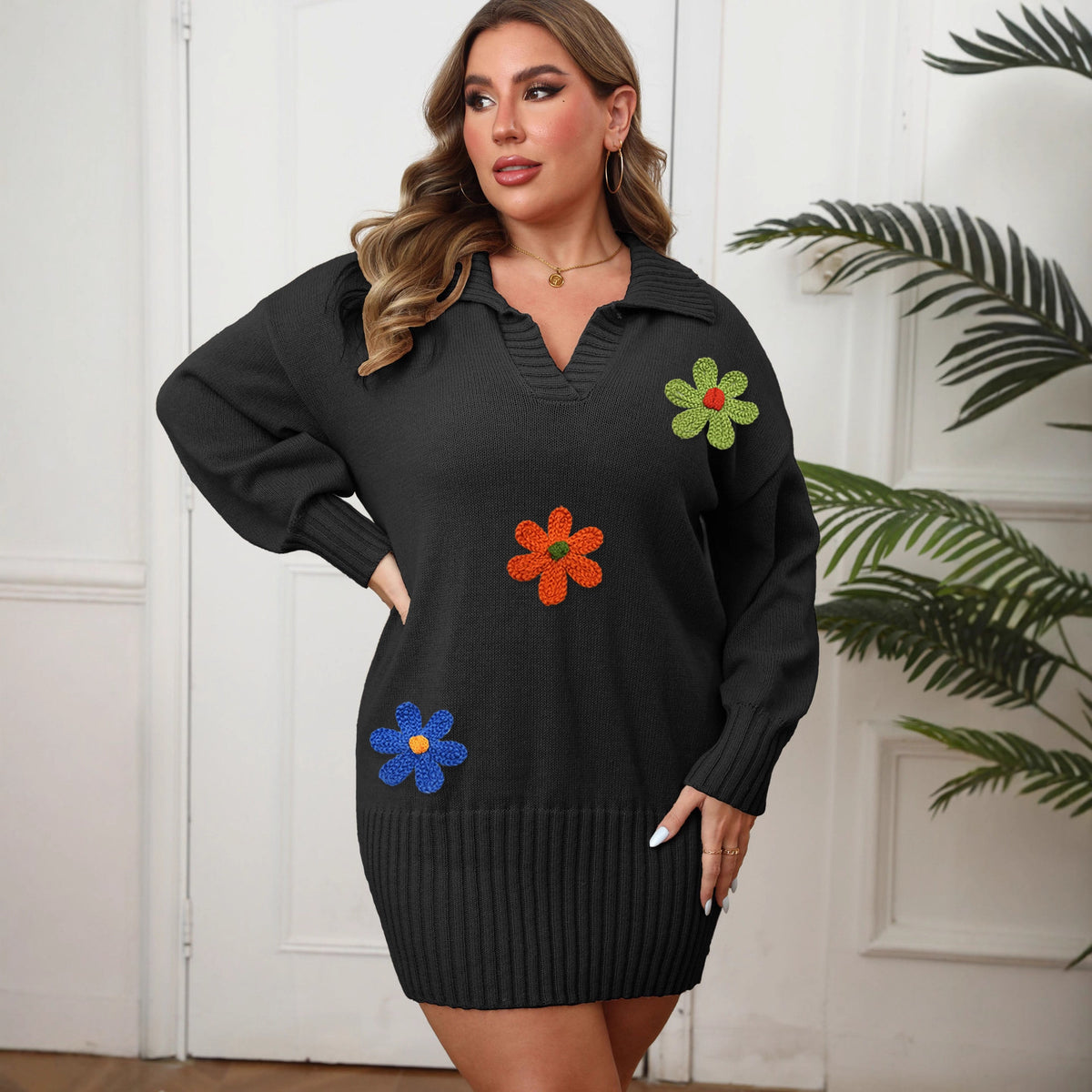 Robe pull grande taille, col polo, broderie florale colorée assemblée – Streetwear manches longues