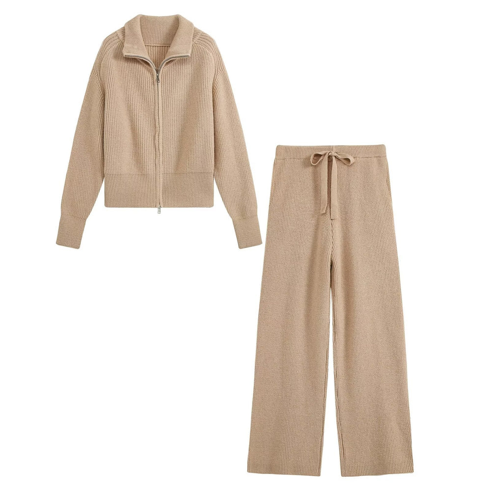 Zipper large collar knitted sweater+pants set for women — autre détail