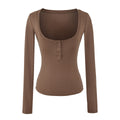 Long Sleeve Crop Henley Top with Halter Neck Built-in Chest Pads — coloris Coffee T-Shirt