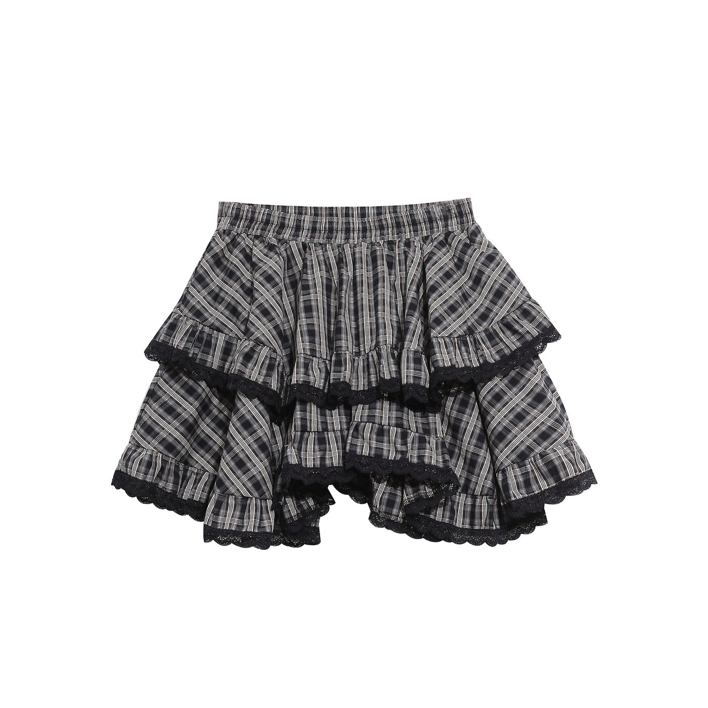 Heavy Black Lace Patchwork Plaid Skirt, Layered Ruffle Versatile Mini Skirt — Vue produit