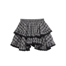 Vue produit — Heavy Black Lace Patchwork Plaid Skirt, Layered Ruffle Versatile Mini Skirt