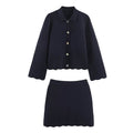 Wave hem knitted jacket+half skirt set for women — coloris Black Set