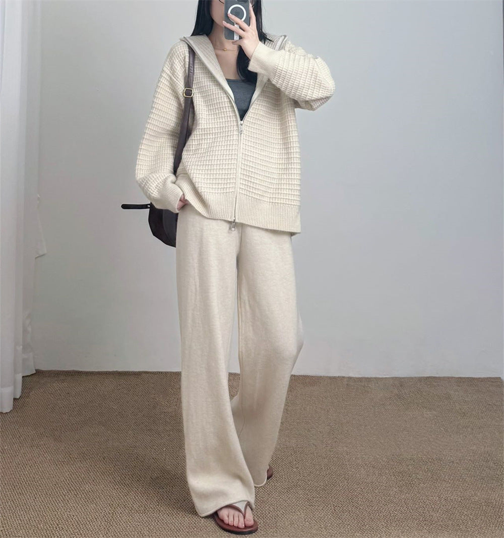 Hooded cardigan sweater loose wide leg pants set — Vue produit