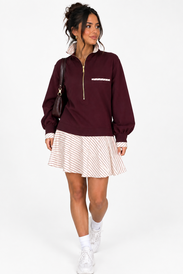 Robe courte mi-longue à fermeture zippée et manches longues – Style streetwear col montant
