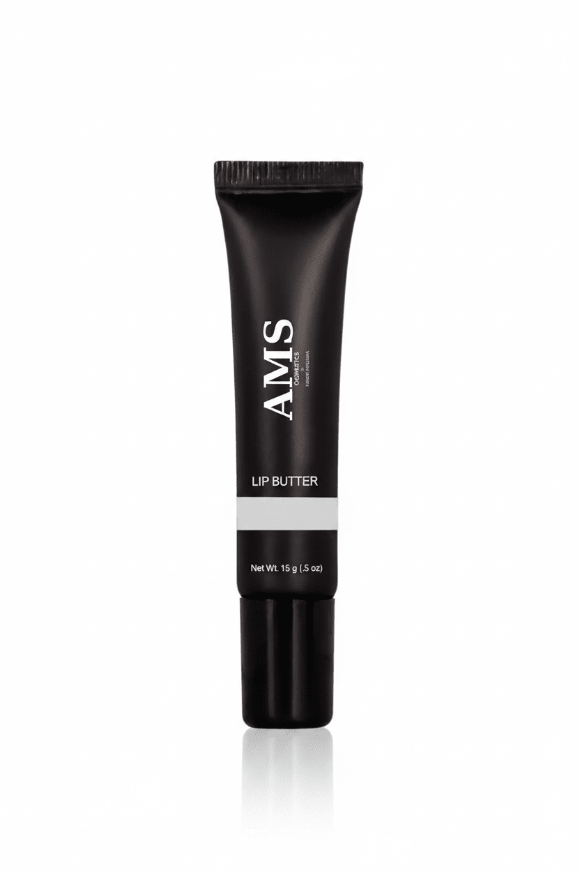AMS Lip Butter - Hero Shot Packaging Noir Luxe Fond Blanc