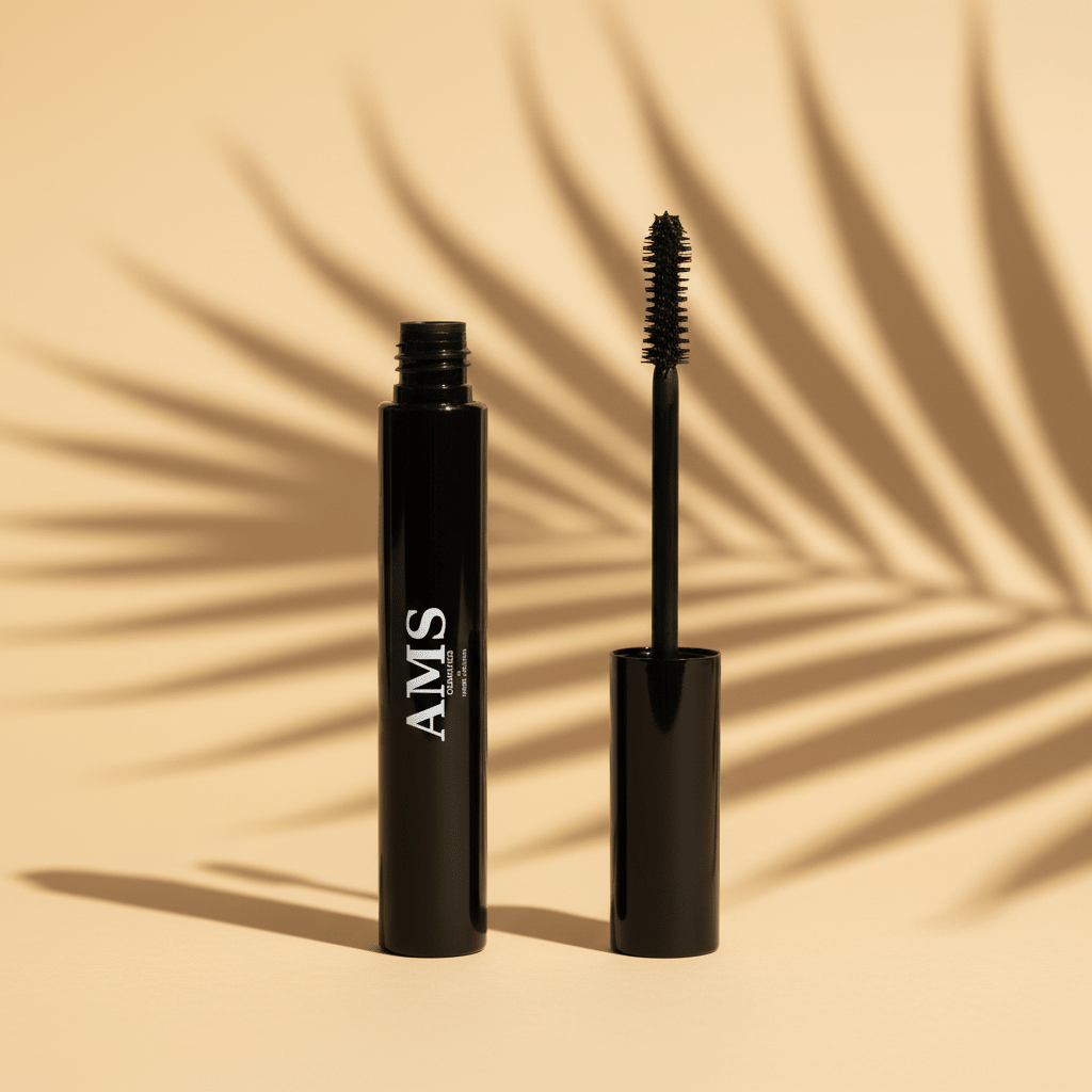 Mascara AMS sur fond beige palmier